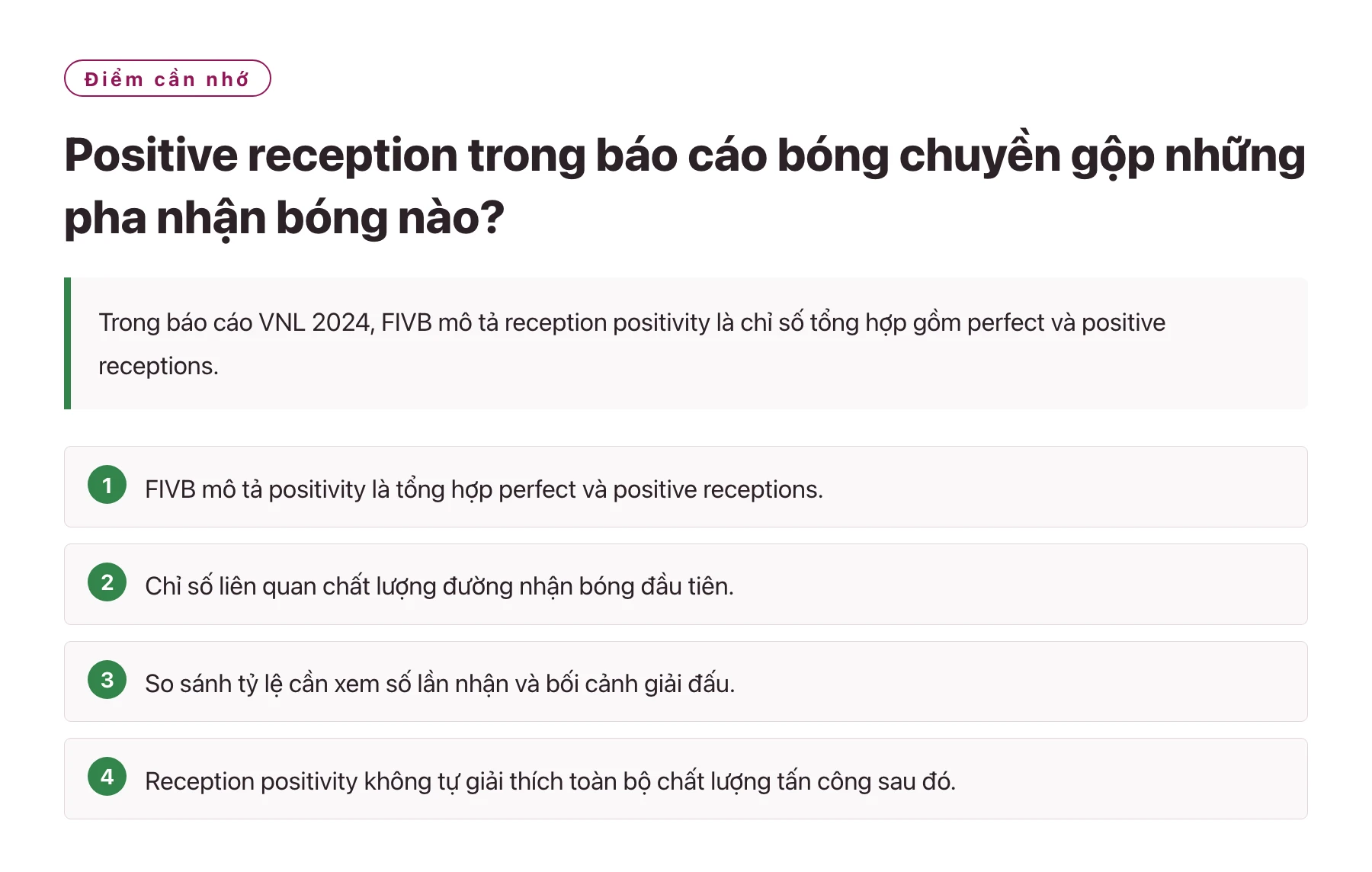 Positive reception trong báo cáo bóng chuyền gộp những pha nhận bóng nào?——全文要点速览